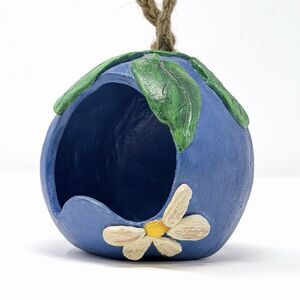 Handmade Pottery Hanging Birdhouse Feeder Blue Flower Fairy Garden Decor Signed